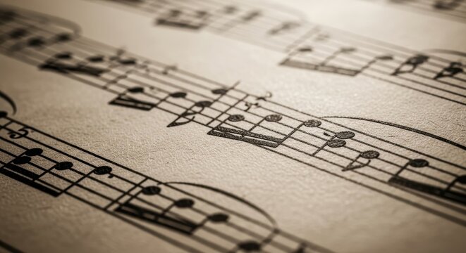 A close-up view of sheet music with notes on the staff lines clearly visible on a plain surface back