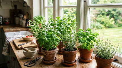 Fototapeta premium Indoor herb garden with basil, mint, and rosemary in a rustic Indoor herb garden with basil, mint, and rosemary in a rustic kitchen.