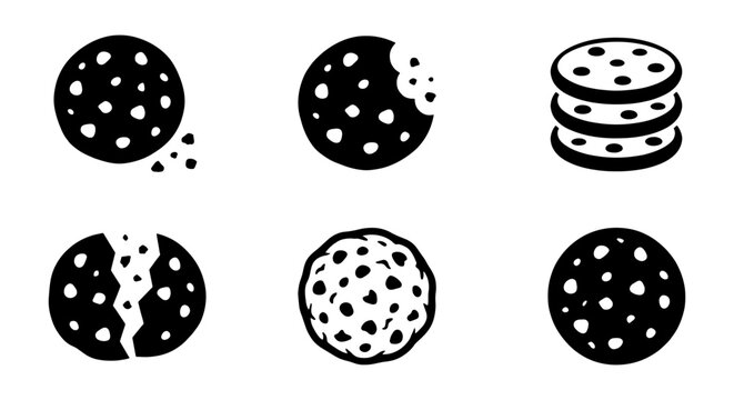 Chocolate chip cookie icon set, black and white sweet biscuit vector illustrations, 6 minimalist snack symbols for bakery branding and web design