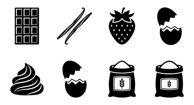 Baking ingredients icon set, black silhouette food elements including chocolate bar, vanilla beans, strawberry, cracked eggs, whipped cream and flour sacks