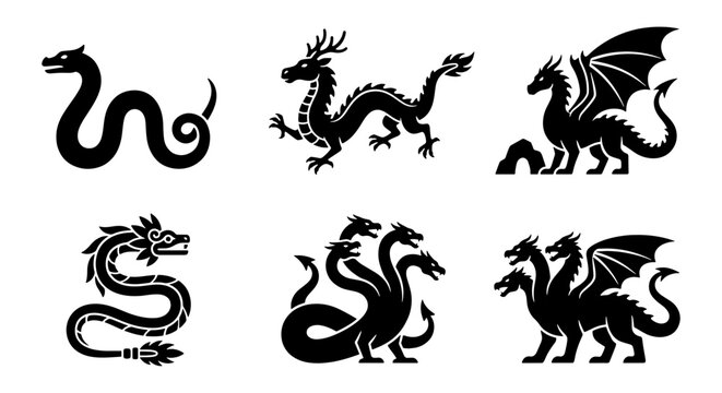 Mythical dragon silhouettes set, 6 black fantasy creature icons, ancient hydra and wyvern vector illustrations, legendary monster graphic elements
