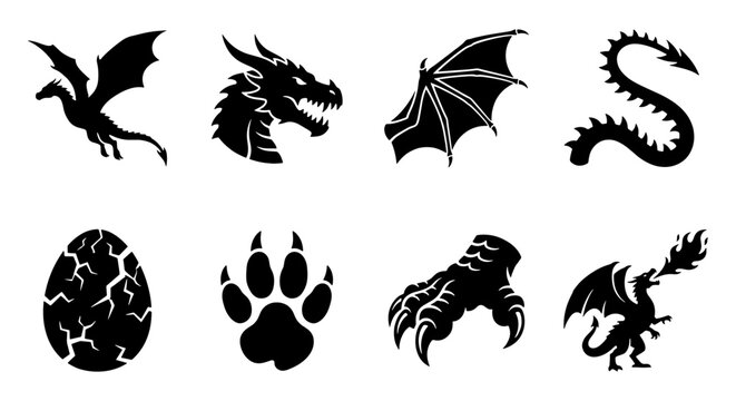 Dragon silhouette icons set, mythical creature elements including egg and claw, black fantasy monster vector graphics for gaming and logos