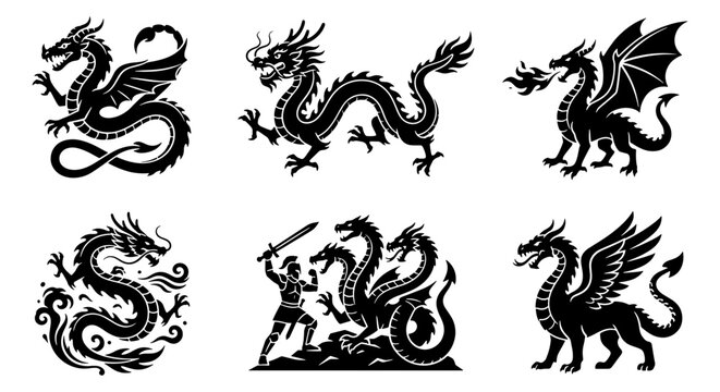 Mythical dragon silhouettes collection, black fantasy creature icons, set of 6 vector illustrations featuring hydra and fire breathing dragons