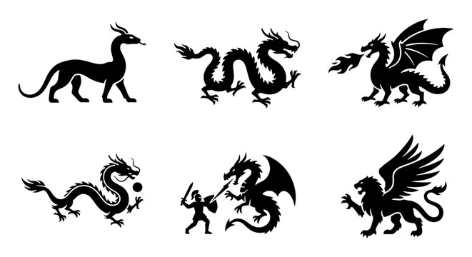 Mythical dragon silhouettes collection, 6 black vector icons of fantasy creatures, medieval heraldic monsters and fire breathing beasts