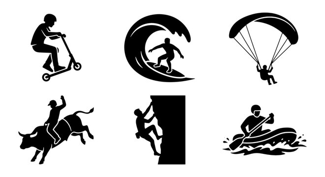 Extreme sports silhouette icons set, active lifestyle adventure symbols, 6 black vector elements for surfing, climbing, paragliding and rafting