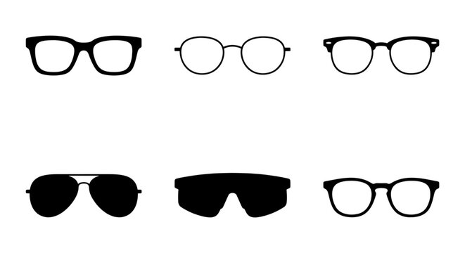 Modern eyewear collection, set of 6 black glasses icons, minimalist spectacle frames and sunglasses silhouettes, optical fashion vector elements