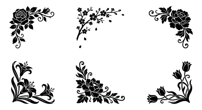 Vintage floral corner borders, black silhouette flower frame elements, set of 6 decorative botanical vector ornaments for wedding invitations