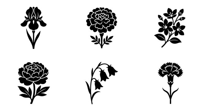 Black floral silhouette icons set, 6 botanical flower vector elements, minimalist garden blossom illustrations for logo design and branding