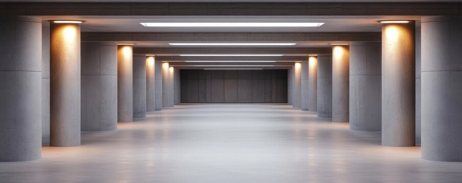Deep perspective concrete corridor, symmetrical pillars with warm uplights and cool ceiling strips, creating a modern, stark industrial aesthetic,hallway,brutalism