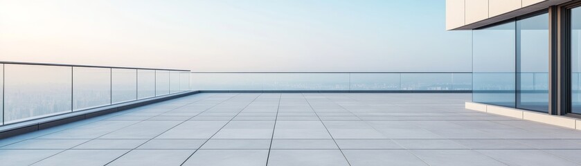 Fototapeta premium Empty modern rooftop terrace with sleek glass railing, clean tiled floor and panoramic city skyline views under a bright sky. Concept high-rise urban design.,Urban ,Minimalist