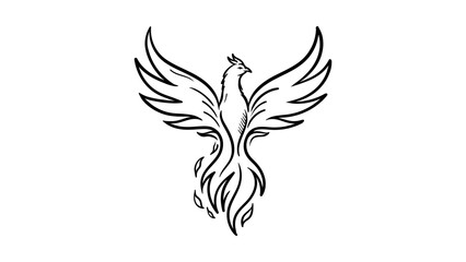 Minimalist black line vector icon illustration of a majestic phoenix bird rising with wings spread and flaming tail, isolated on a white background, symbolizing rebirth, power, and immortality. © Zaviyar