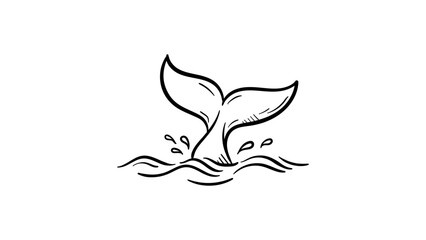 Minimalist hand-drawn black line vector illustration of a whale tail fluke splashing in ocean waves, clean scalable outline icon for marine life, sea conservation, and nautical design projects. © Zaviyar