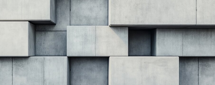 Geometric abstract composition of stacked concrete blocks, revealing textured surfaces and dynamic lightshadow play, embodying minimalist architecture. Architecture, Brutalism