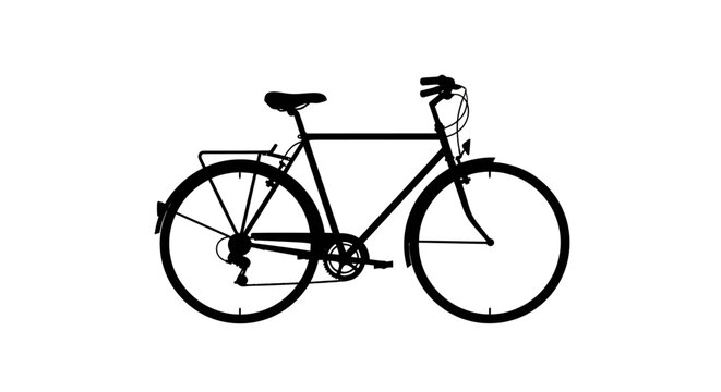 A black silhouette of a classic bicycle with fenders and rack