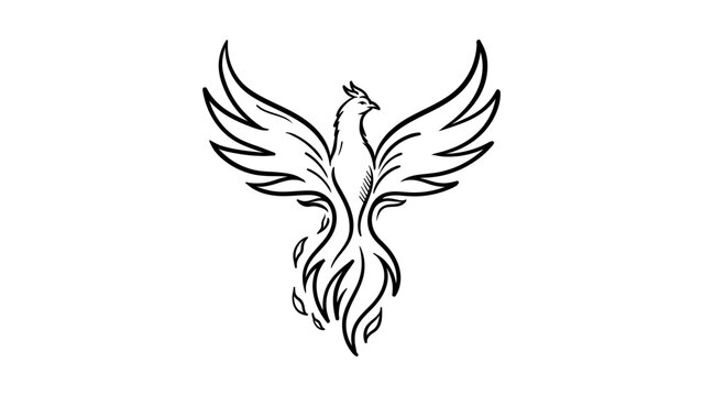Minimalist black line vector icon illustration of a majestic phoenix bird rising with wings spread and flaming tail, isolated on a white background, symbolizing rebirth, power, and immortality.