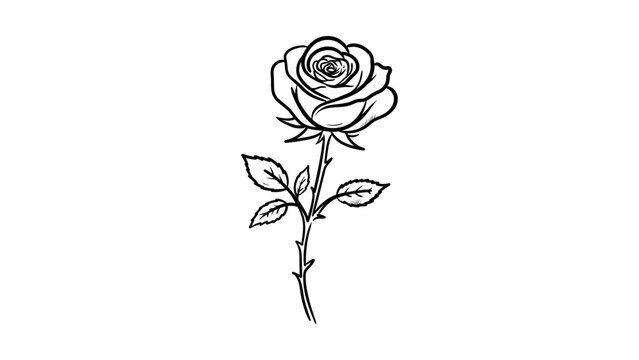 Minimalist black line vector icon of a blooming rose with a thorny stem and leaves, hand-drawn outline illustration on a white background, scalable floral design for logos, tattoos, and art.