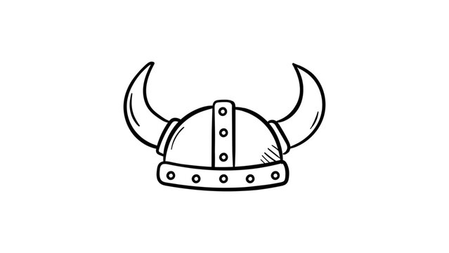 Minimalist black line vector icon of a Viking helmet with horns, hand-drawn outline illustration on a white background, scalable graphic for history, warrior, Norse mythology, and Nordic themes.