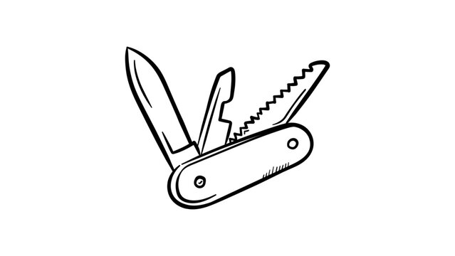 Swiss Army knife vector icon illustration, minimalist black line art of a multi-tool with blade, saw, and bottle opener, hand-drawn outline style on white background for camping and survival.