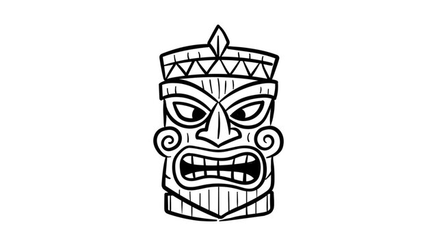 Minimalist black line vector icon of a carved Tiki mask, hand-drawn illustration representing Polynesian culture and Hawaiian tribal art, scalable SVG design isolated on a white background.