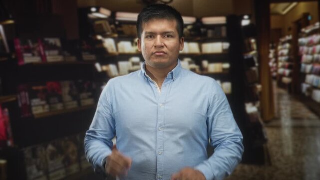 Man in light blue shirt holds hands forward palms out stop gesture facing camera in a bookstore building; rejection caution.