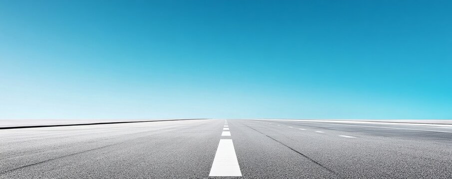 Low angle, minimalist view of an empty asphalt road with leading white lines receding into the horizon under a vast gradient blue sky, symbolizing future journeys and infinite