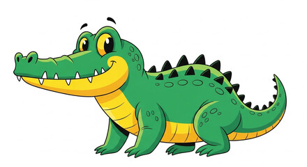 Fototapeta premium This is a cartoon illustration of a crocodile with a big smile and yellow eyes. The crocodile is green with yellow underbelly and has spikes on its back. It is standing on a clean white backgroun