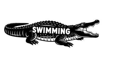 Fototapeta premium A striking black and white illustration of a crocodile with the word swimming emblazoned across its body. The crocodile is depicted in a menacing pose, with its mouth open and sharp teeth bared. 