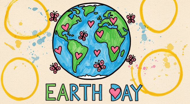 A vibrant and playful illustration of the Earth with hearts and flowers, celebrating Earth Day. The colorful drawing features a blue and green globe with pink hearts and flowers, surrounded by ye