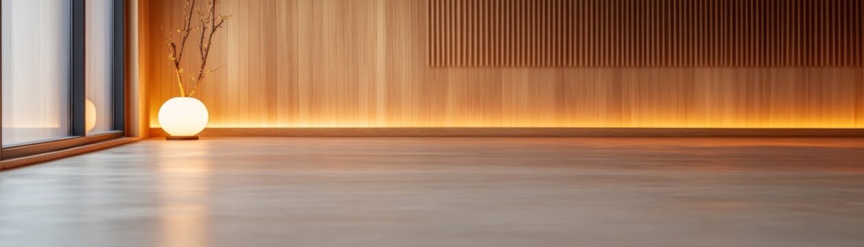 Minimalist interior Low view of wooden wall with warm uplighting, elegant floor lamp and branches by window, smooth reflective floor. Serene Zen concept. Zen, interior