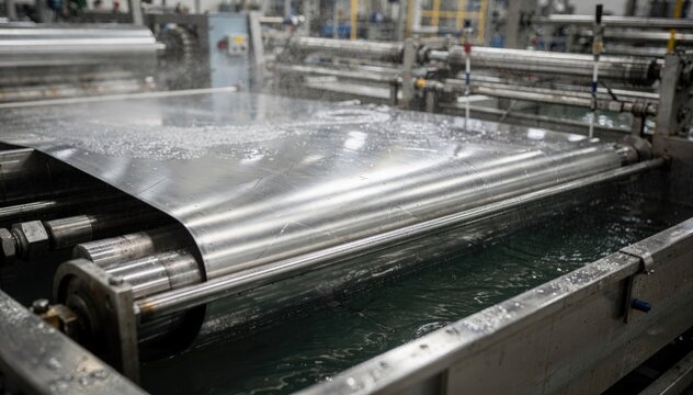Medium shot focusing on stainless steel strip passing through acid pickling and rinsing stages highlighting corrosionresistant surface treatment on advanced production line.
