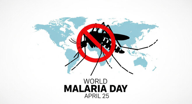 This graphic illustration is a visual representation for World Malaria Day, observed annually on April 25. The image features a stylized mosquito overlaid with a red prohibition sign, symbolizing