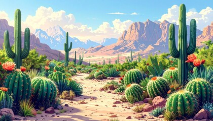 Fototapeta premium A serene desert landscape with cacti, flowers, and mountains under a blue sky with clouds.