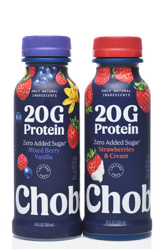 IRVINE, CALIFORNIA - 10 APR 2026: bottles of Chobani 20g Protein drink, Mixed Berry Vanilla and Srrawberries and Cream Flavors.