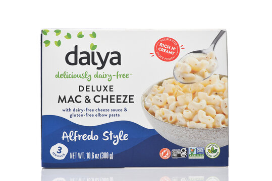 IRVINE, CALIFORNIA - 10 APR 2026: A box of Daiya Deluxe Mac and Cheese Alfredo Style, Dairy and Gluten Free.