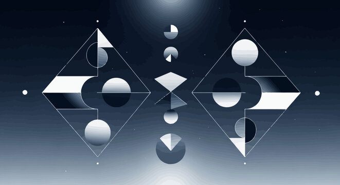 Abstract geometric design with diamonds circles and lines on dark blue background
