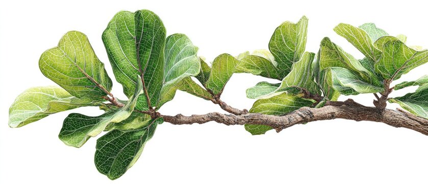 Lush, detailed illustration of fiddle leaf fig branch with large green leaves