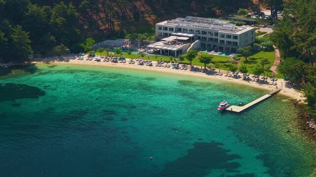 Aerial View of Vathi Beach and Luxury Resort, Thassos, Greece