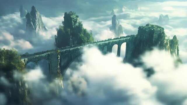 Fantasy landscape majestic mountain peaks above clouds and stone bridge