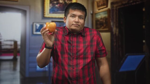 Man in red plaid shirt holds persimmon fruit in right hand inside building with framed paintings, kiosk and doorway; quiet curiosity.