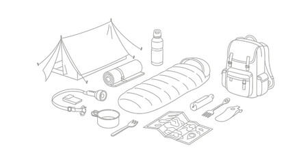 Fototapeta premium Isometric Line Art Illustration of Essential Camping Gear and Outdoor Adventure Equipment Set. Outline Vector for Hiking.