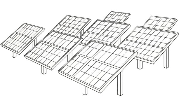 Vector outline illustration of a solar panel array for renewable energy, sustainable power, clean electricity, and green technology.