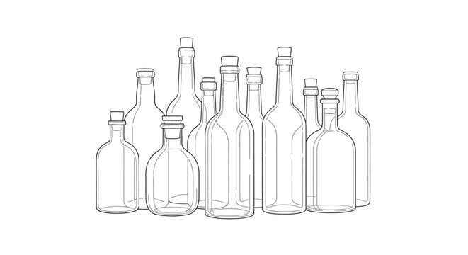 Outline illustration of various empty clear glass bottles and jars for beverages, spirits, or oils, on a clean white background.