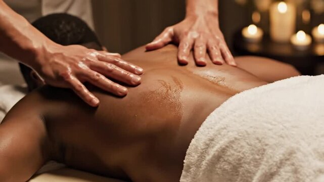 Professional massage therapist's hands applying oil to the bare back of a person with dark skin during a spa treatment session with blurred candles in the background setting.