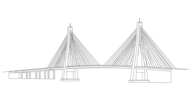 Modern cable-stayed bridge wireframe drawing. Detailed architectural outline of a large infrastructure project for engineering design.