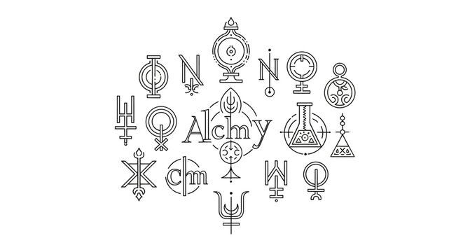 Alchemical Symbols Set. Esoteric Occult Glyph Collection for Magic, Historical Science, and Spirituality. Mystical Vector Icons.