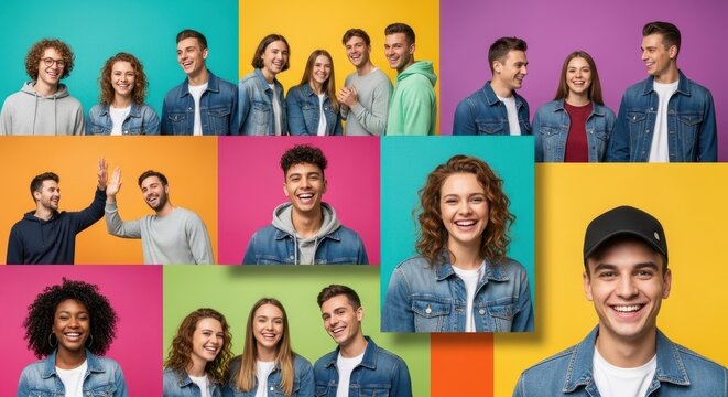 A vibrant collage of diverse young adults on colorful backgrounds smiling and posing in various casu