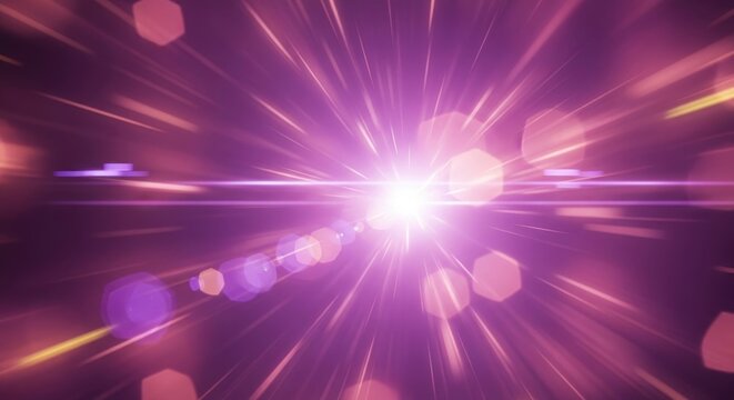 a bright light with purple and pink rays and bokeh on dark background with lens flare effect in phot