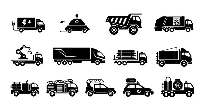 Futuristic Truck Silhouette Icon Set Collection Black Vector 12 Unique Designs 4K