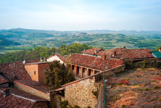 Panorama of the houses and its red tile rooftops of the village of Vignale Monferrato, in the winery region of Monferrato (Piedmont, Northern Italy), UNESCO site.