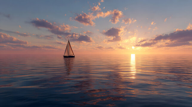A serene sailboat glides gracefully across a calm sea at sunset, its silhouette contrasting against the vibrant hues of the sky. The gentle waves and the soft clouds add to the tranquil atmosphere.
